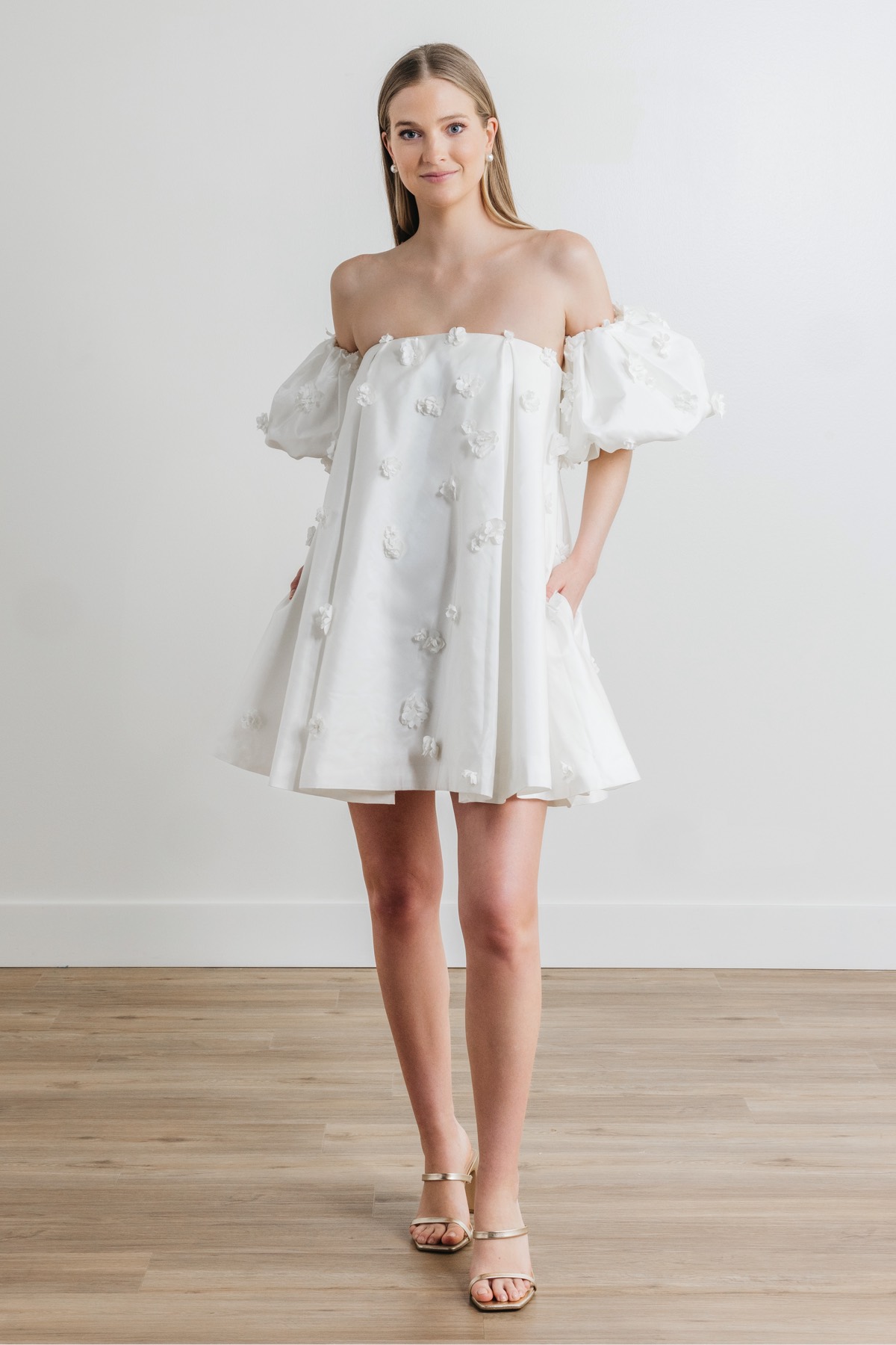 watters sparkler puff sleeve scoop neck sequin embroidered mini dress Dazzling Mini Wedding Dress